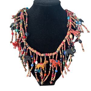 Vintage Carved Animal Wood Bead Folk Art Fringe Necklace Statement Bohemian